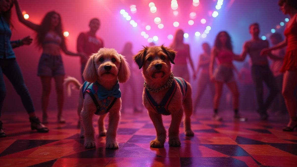 Perros bailando en una pista disco llena de luces brillantes.
