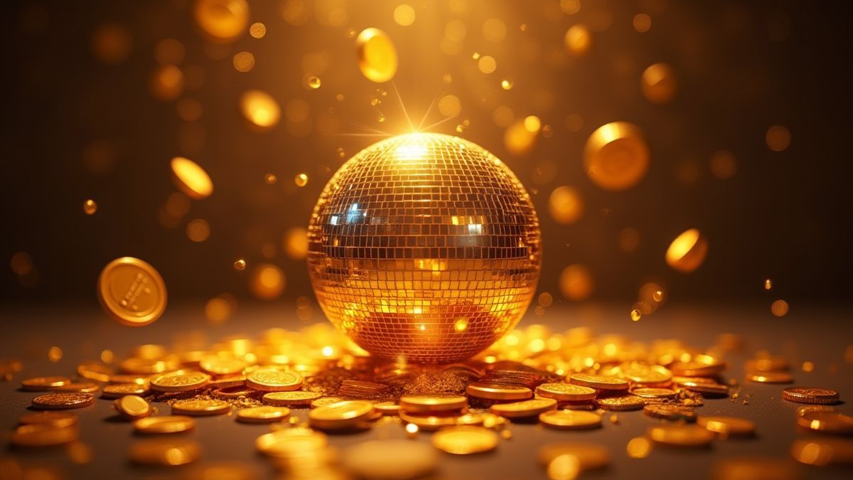 Una bola disco brillando con monedas doradas cayendo.