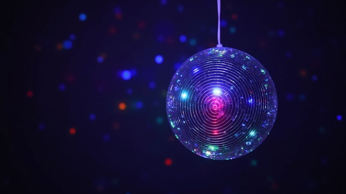 Een discobal verlicht door kleurrijke lichten.