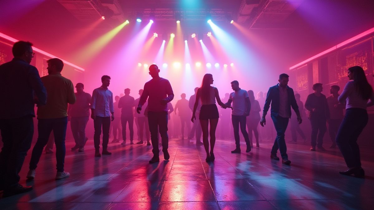 Mensen die dansen op een retro dansvloer verlicht door kleurrijke lichten.