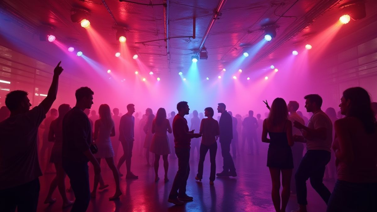 Retro-Diskothek mit Neonlichtern und tanzenden Menschen