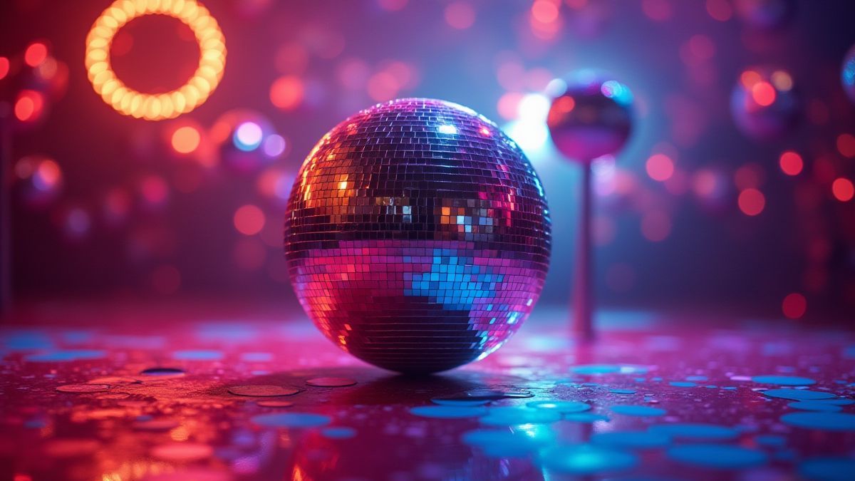 Spiegelkugel, die in einem bunten Diskoraum rotiert
