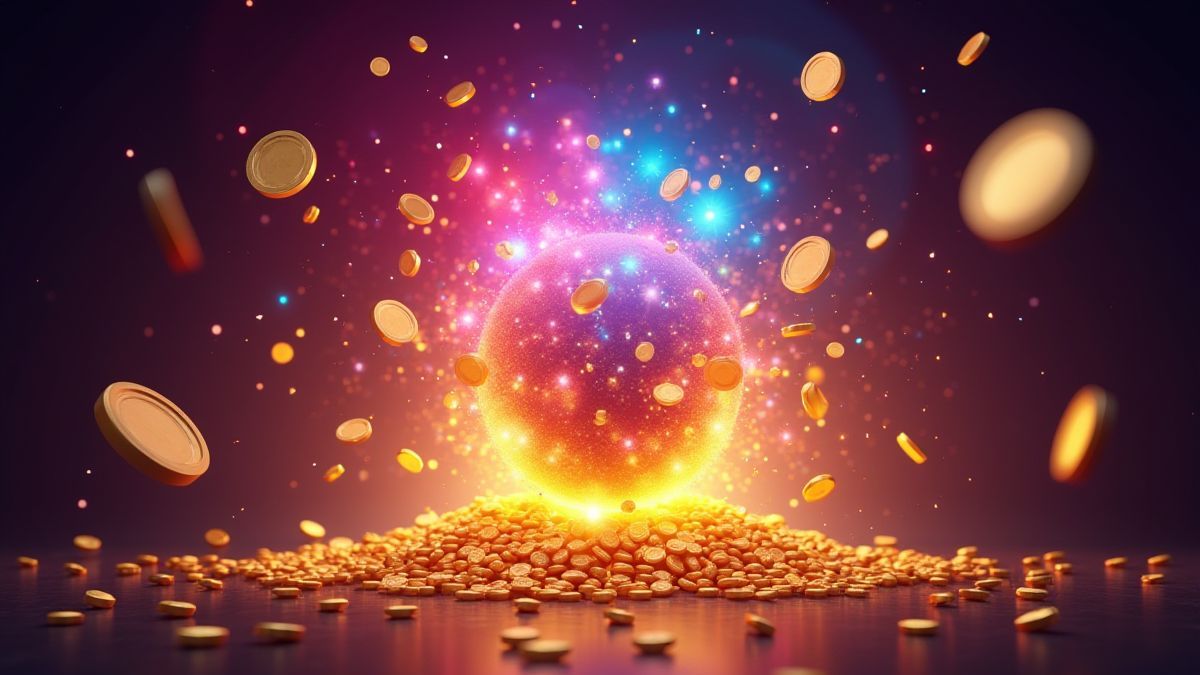 Jackpot-Explosion mit bunten Lichtern und fliegenden Münzen