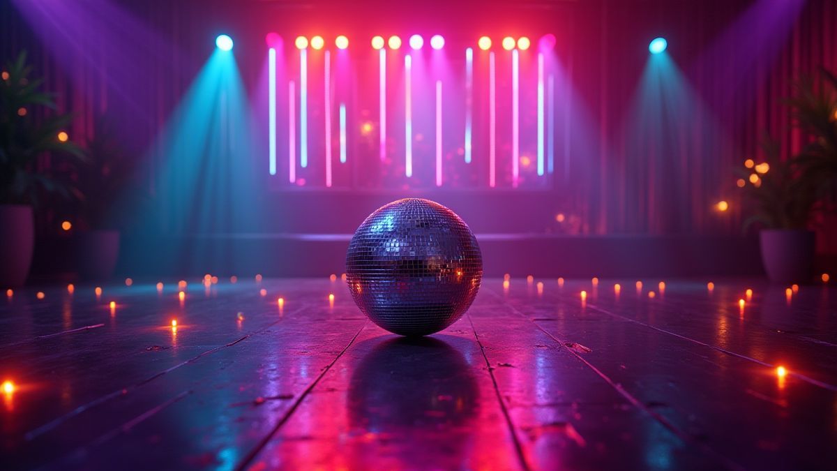 Scène de discothèque avec des lumières néon et une boule à facettes.