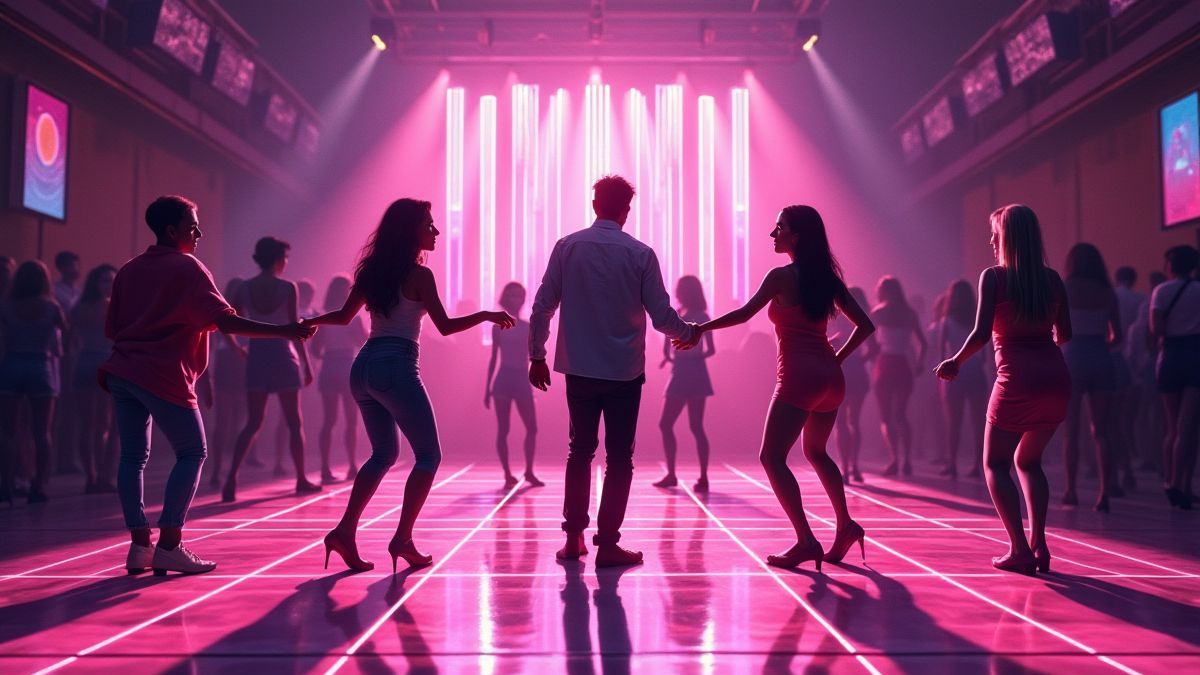 Danseurs sur une piste de danse illuminée.