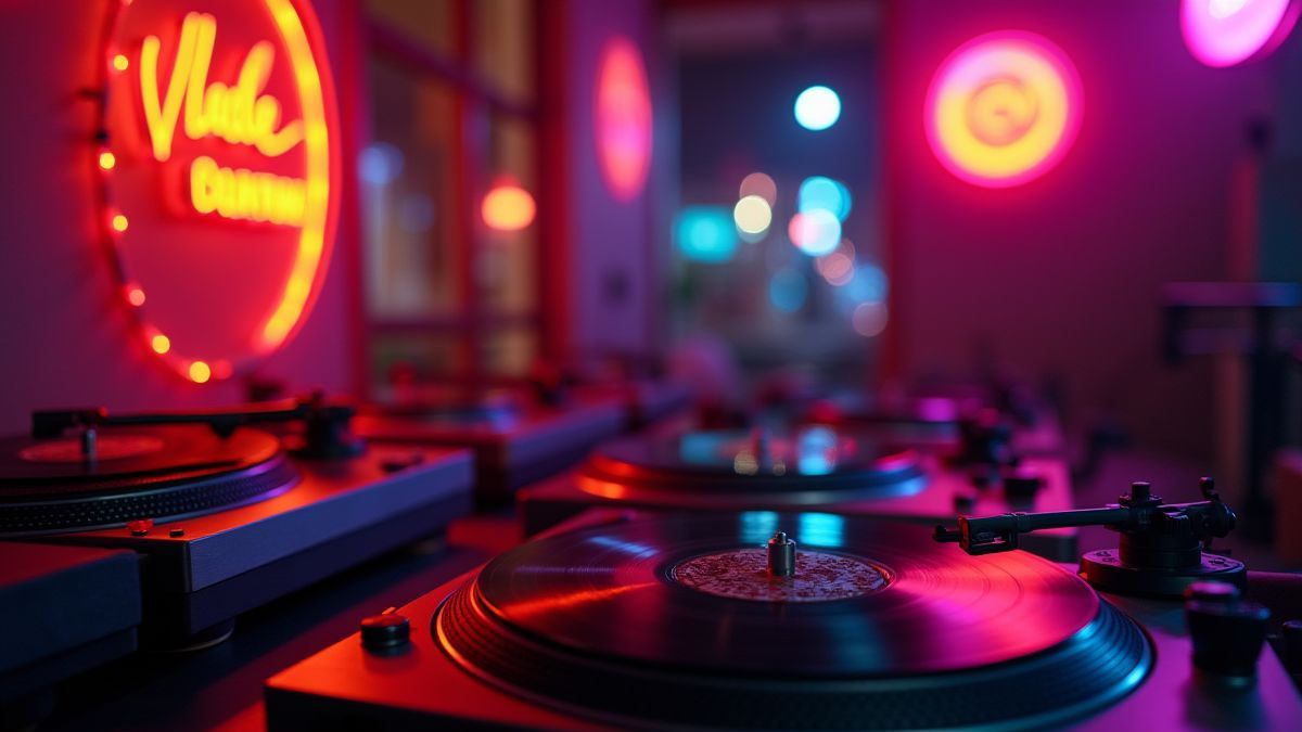 Discothèque rétro avec des lumières et des tourne-disques.