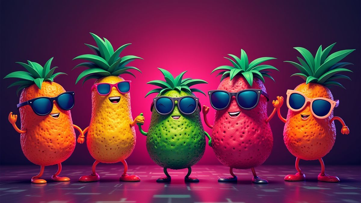 Frutas temáticas bailando en una pista de disco con luces de neón.