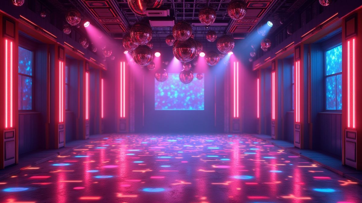 Pista de baile ochentera con luces de neón y bolas de disco.