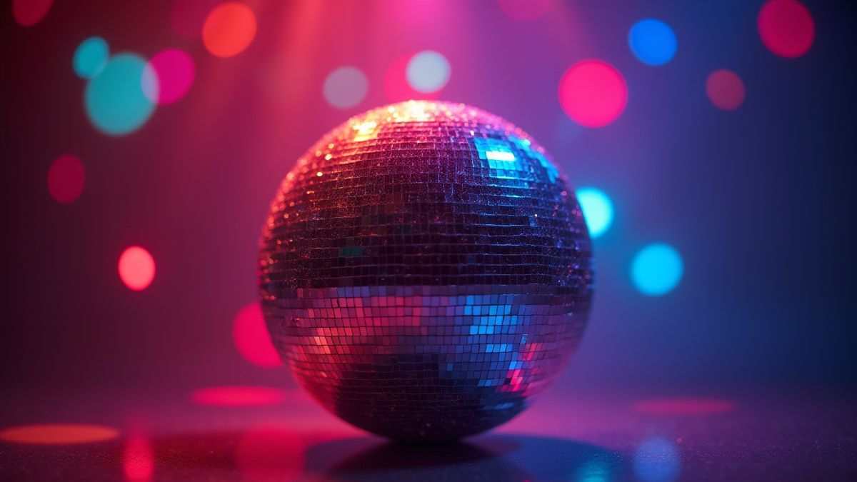 A shiny disco ball surrounded by colorful lights.