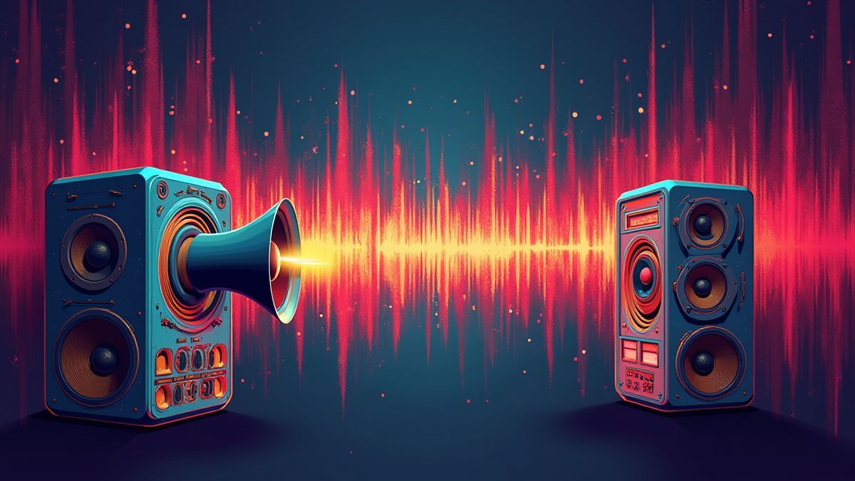 Retro speakers emitting colorful sound waves.