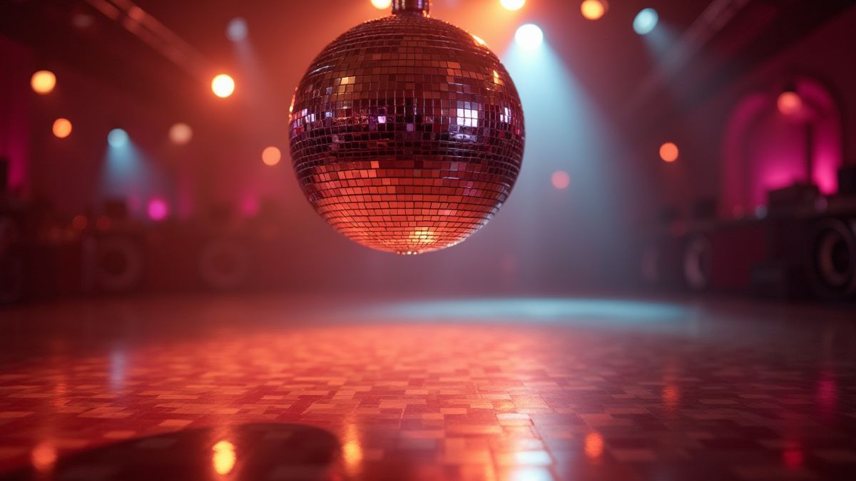 Una bola disco brillante sobre una pista de baile retro.