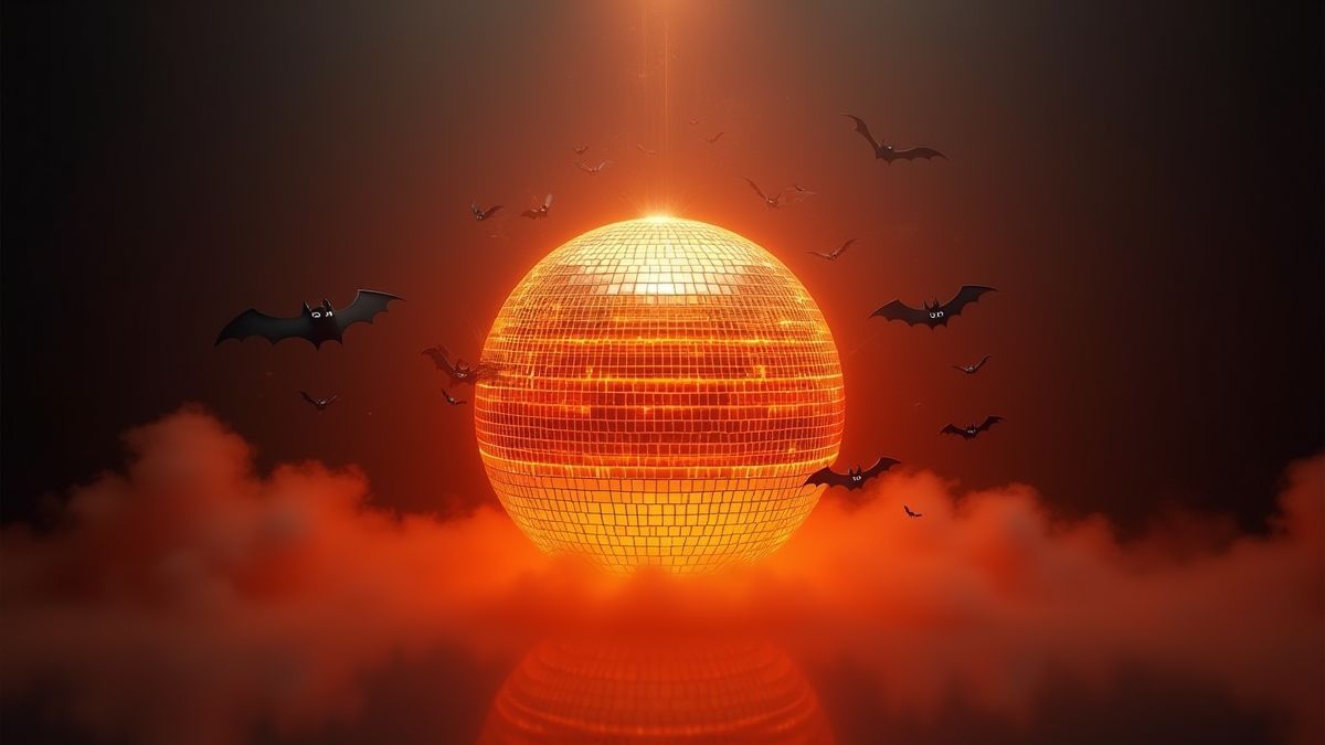 Una bola de discoteca brillante rodeada de murciélagos y niebla.