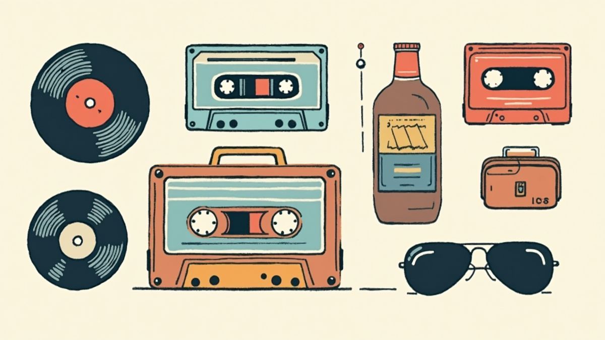 Retro symbolen zoals cassettes en vinylplaten weergegeven in het thema van de slot.