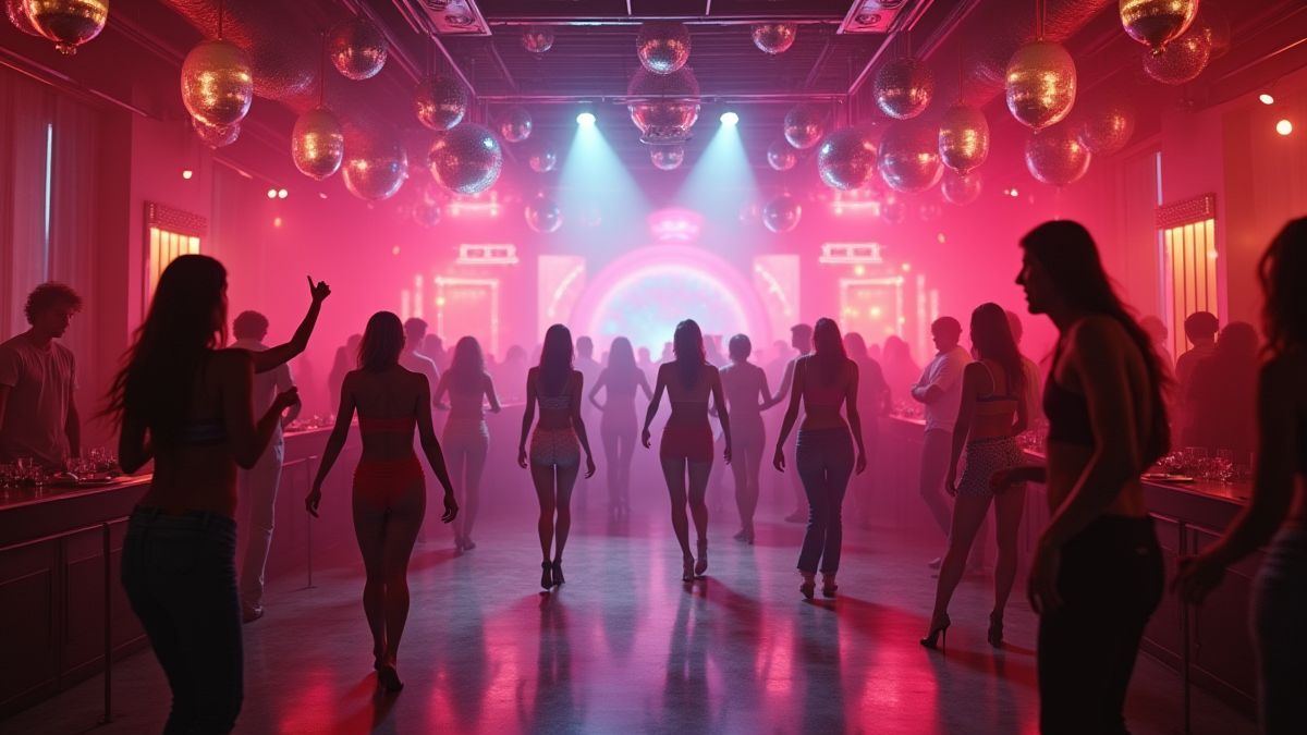 Innenraum eines Disco-Clubs der 70er Jahre mit Tänzern und lebhaften Lichtern.