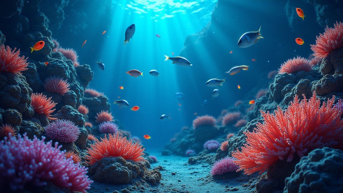 Un arrecife coralino vibrante con peces y perlas brillantes.