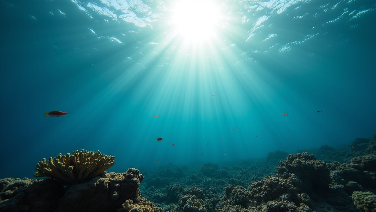 Luz solar filtrándose en el agua y iluminando corales y criaturas marinas.