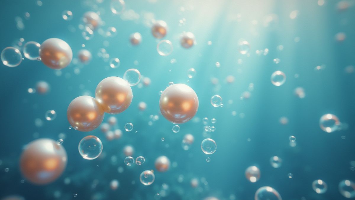 Perlas resplandecientes rodeadas de burbujas en un entorno submarino.
