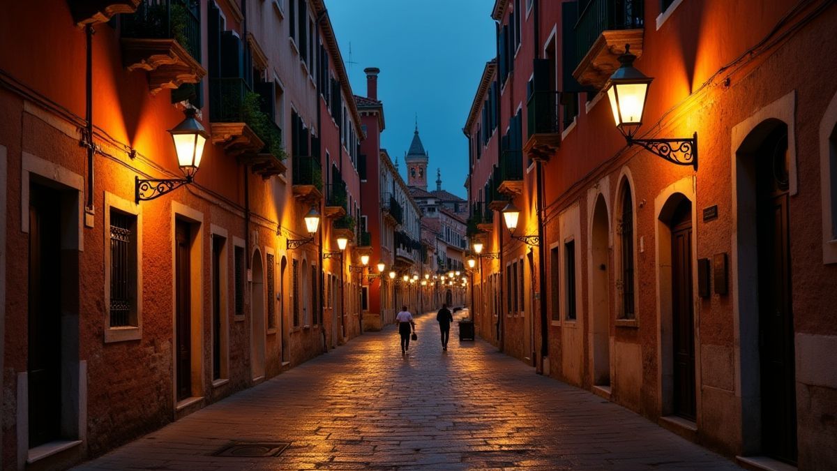 Narrow streets of Venice illuminated by lanterns at night.