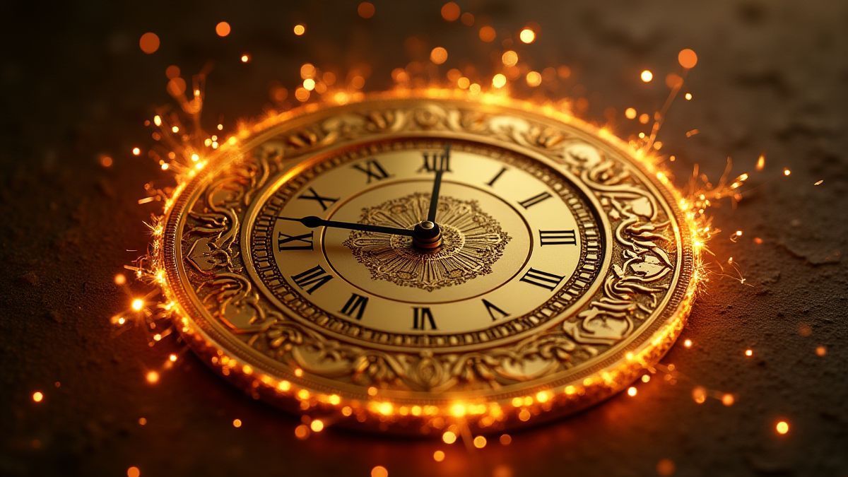 Golden clock with Venetian designs surrounded by sparks.