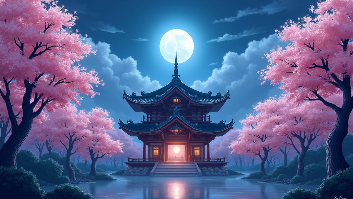 Mystiek Aziatisch tempel onder een door de maan verlichtte lucht.