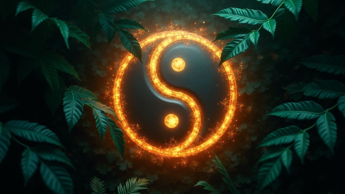 Mystiek yin-yang symbool omringd door jungle bladeren.