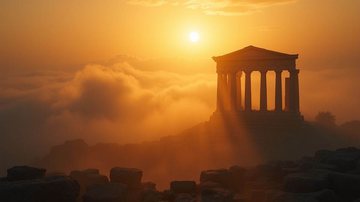 Greek ruins under a golden light.