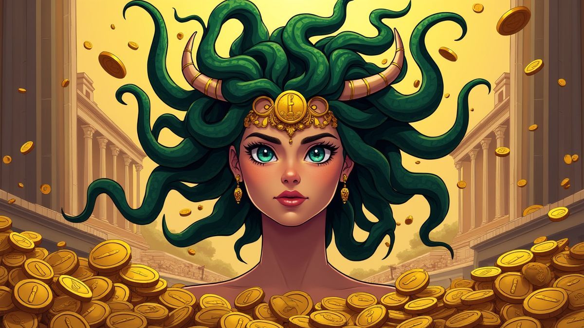 Medusa rodeada de moedas doradas e ruínas gregas.