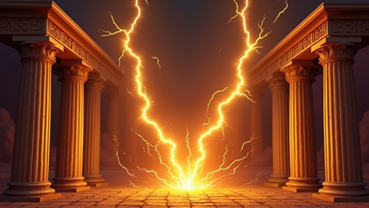 Rayos dourados golpeando columnas griegas antigas.
