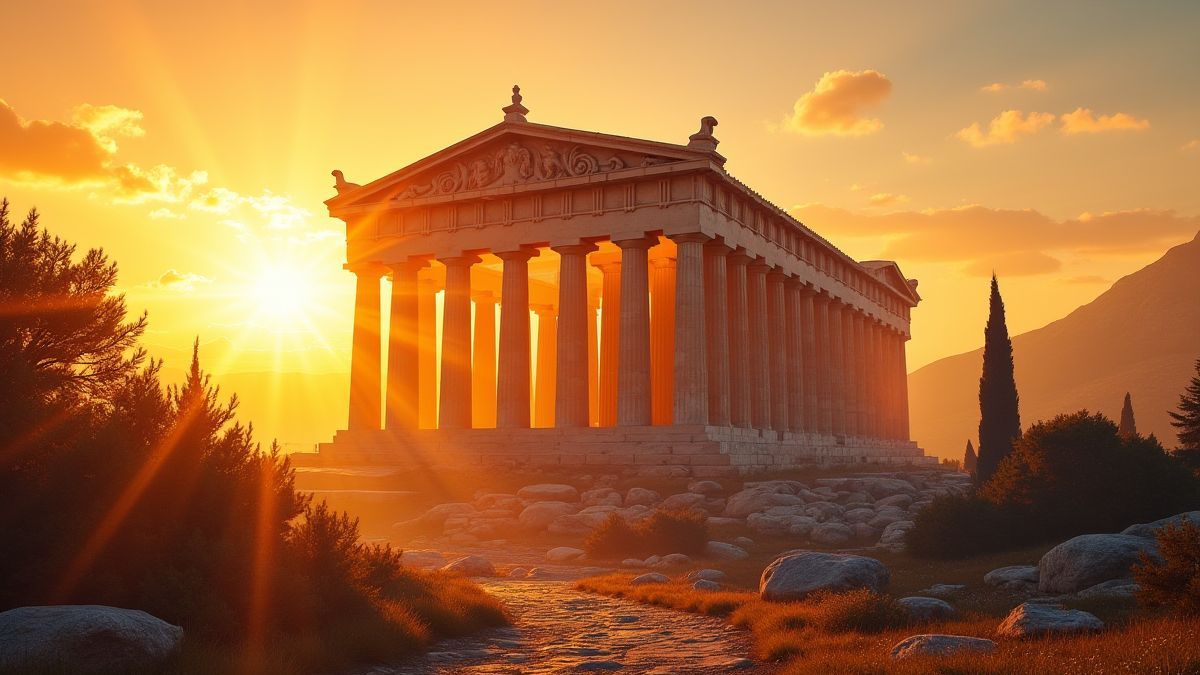 Temple grec resplendissant sous un brillant soleil.