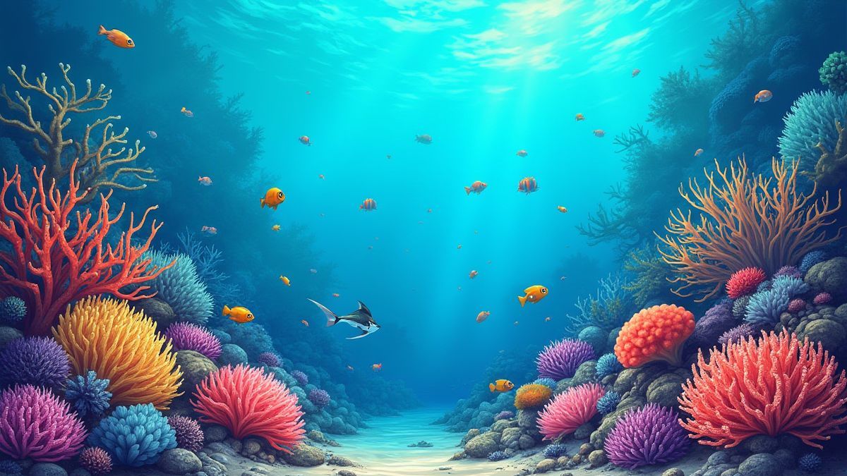 Scène sous-marine avec des coraux colorés et de la vie marine.