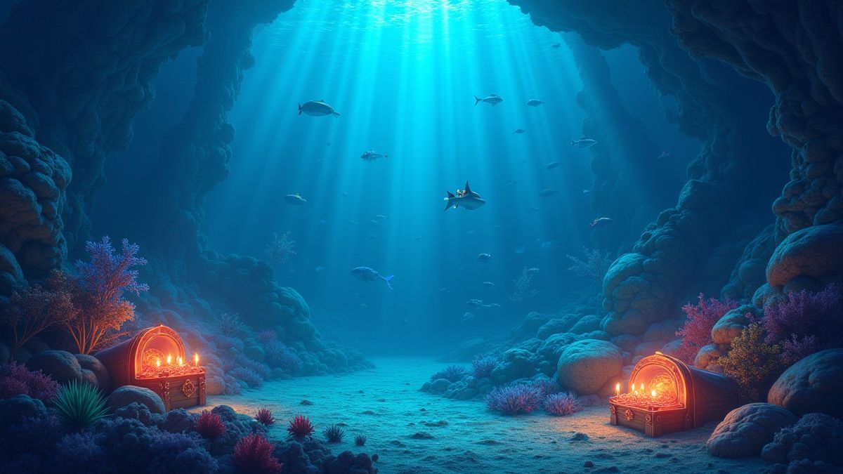 Un monde sous-marin avec des trésors brillants et des créatures marines.