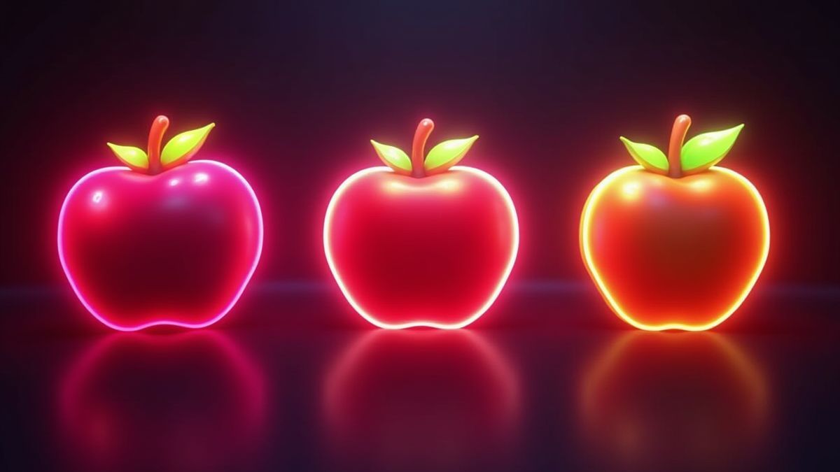 Símbolos de frutas retro bajo luces de neón.