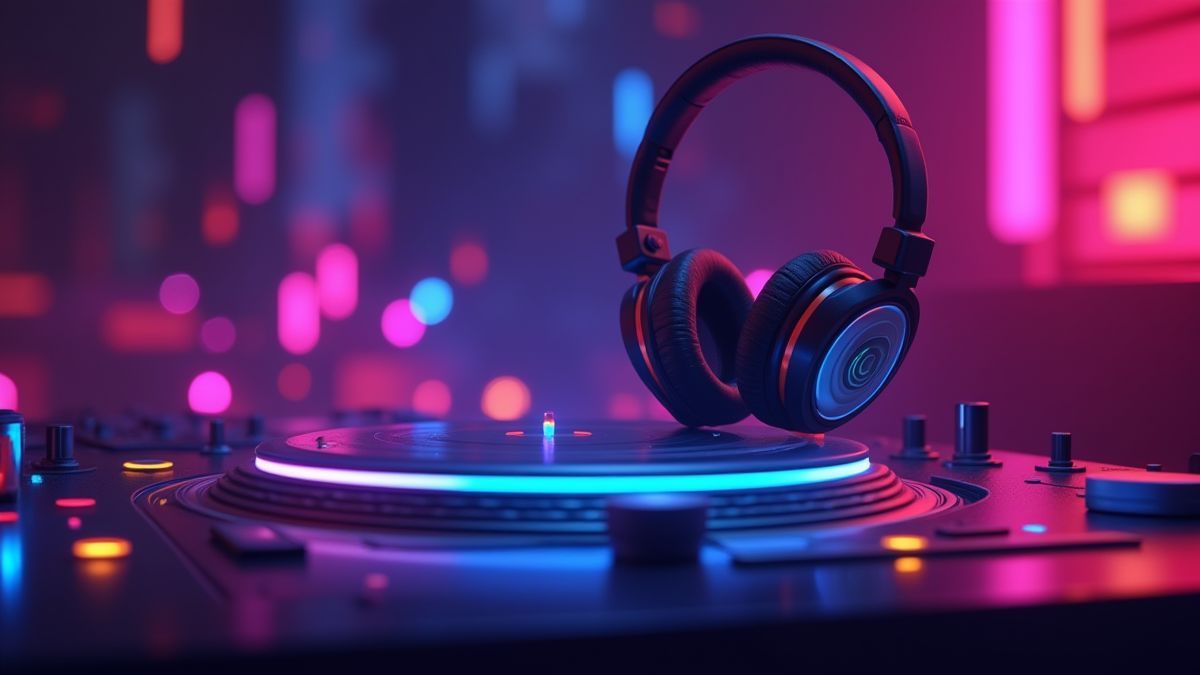 Auriculares y tocadiscos con luces de neón.