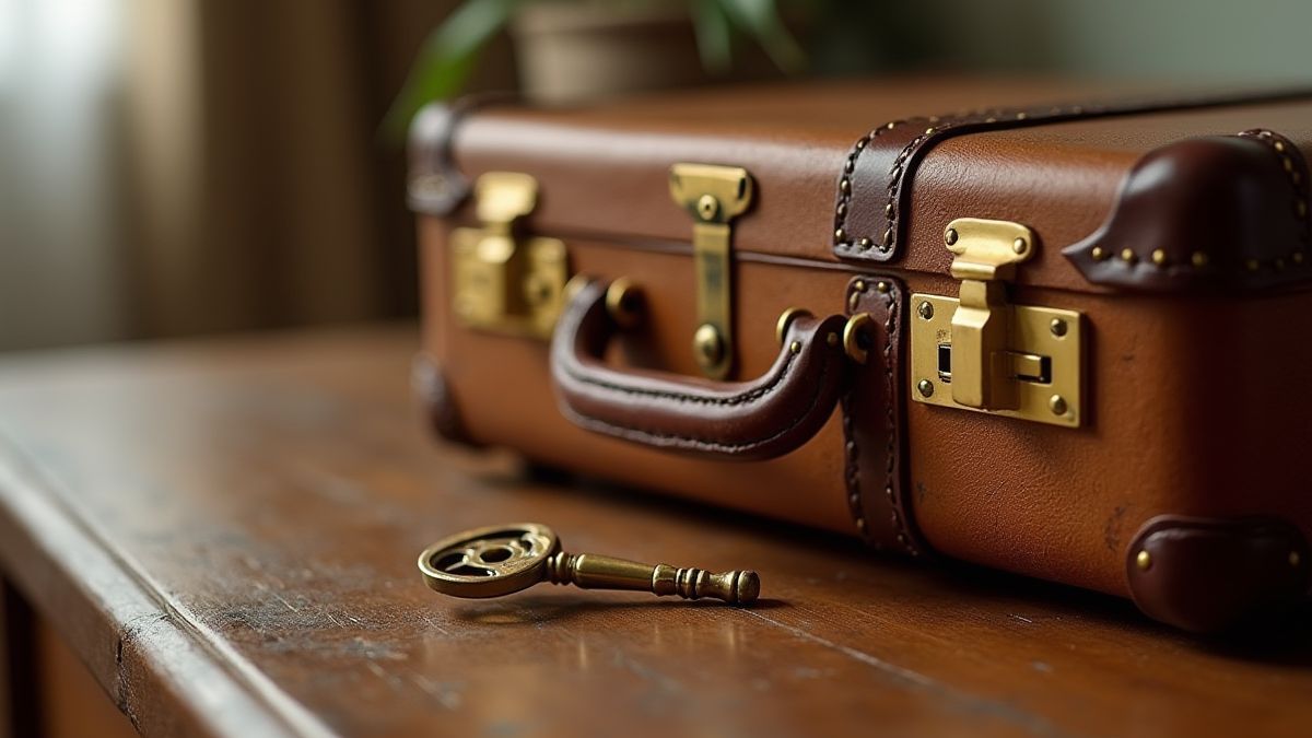 Malette vintage et clé dorée sur un meuble de l'hôtel.