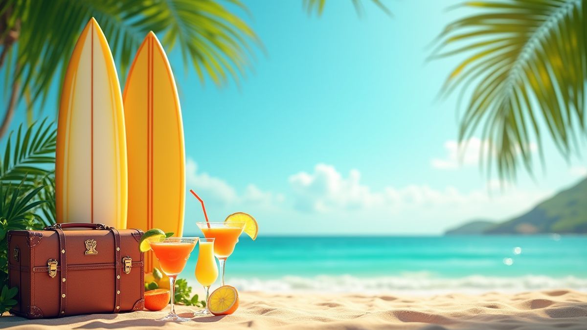 Cenário havaiano tropical com pranchas de surf e coquetéis