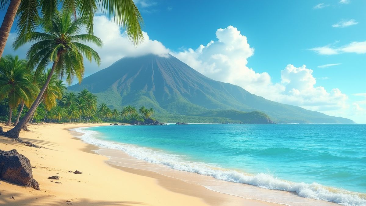Praia havaiana com palmeiras e um vulcão ao fundo