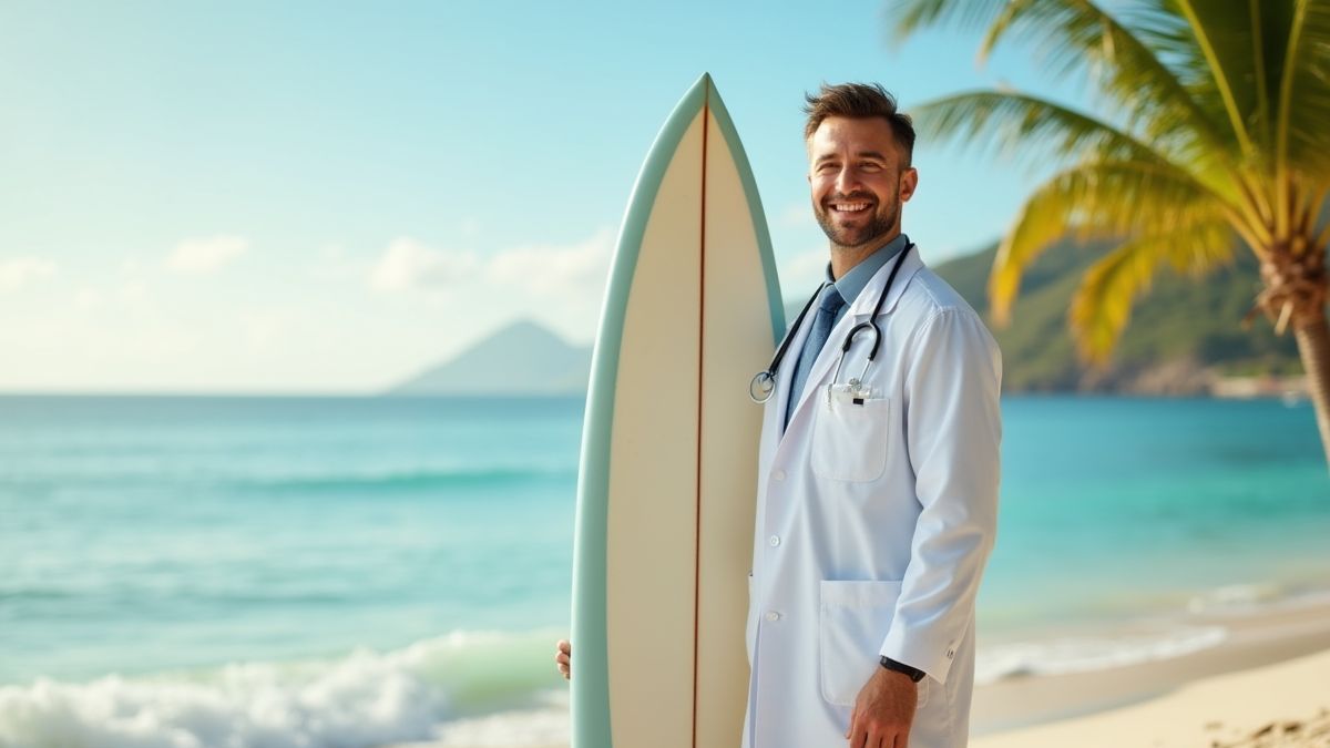 Médico feliz com uma prancha de surf em uma praia tropical