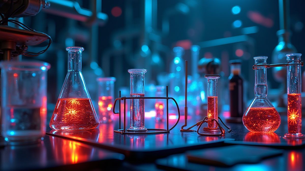Un laboratoire futuriste avec des tubes à essai brillants et de la technologie avancée.