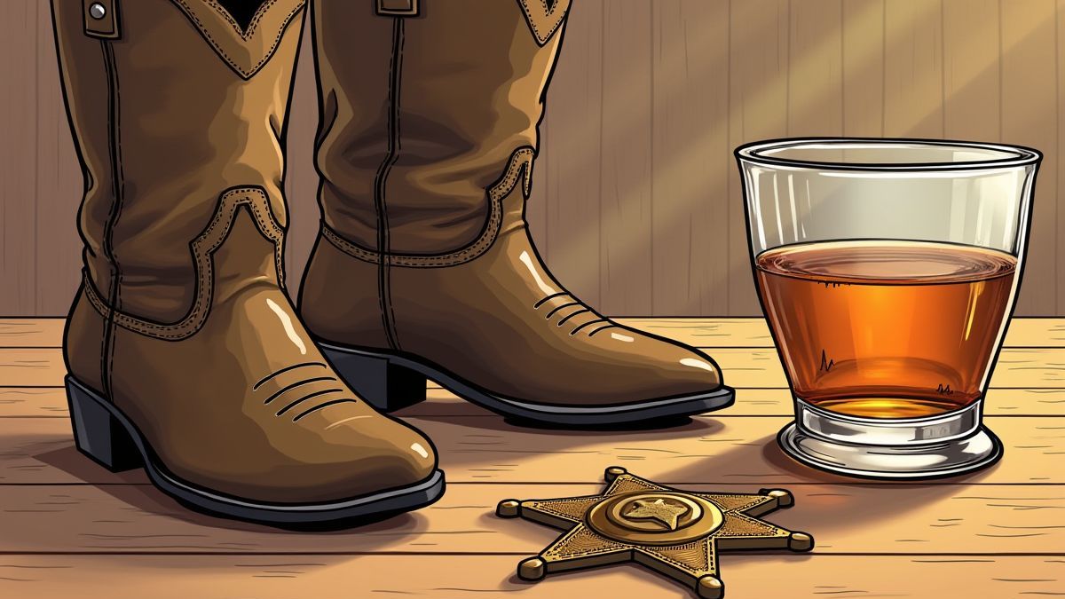 Botas de cowboy, uma estrela de xerife e um copo de whisky em uma mesa de madeira
