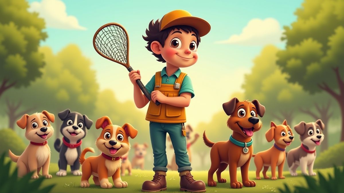 Un chasseur de chiens avec un filet entouré de chiens espiègles dans un parc coloré.