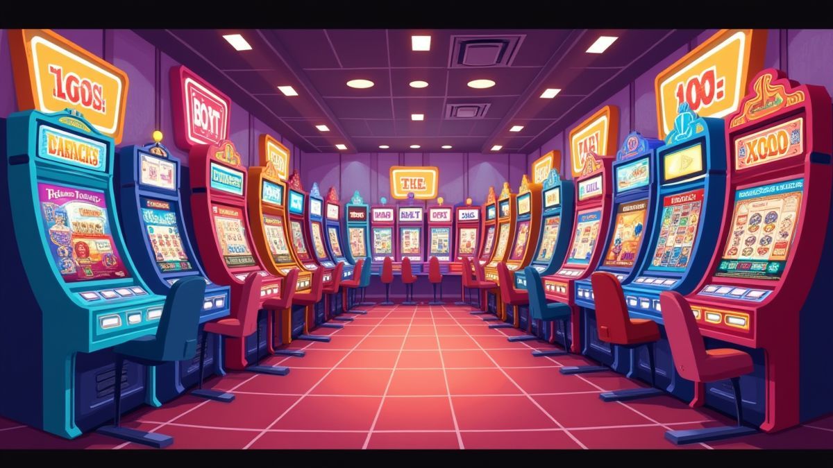 Une salle de jeux colorée avec des machines à sous et des joueurs heureux.