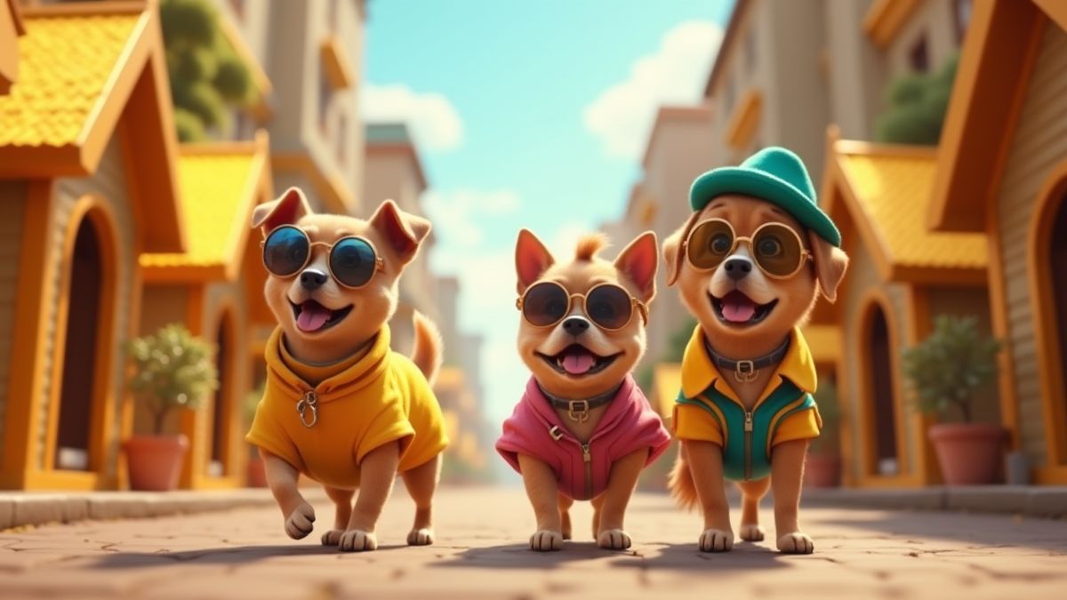 Perros con estilo paseando por una ciudad con casas de perro doradas.