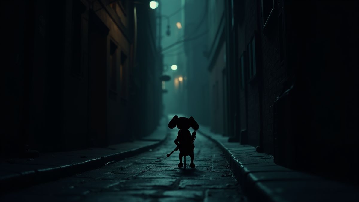 Eine dunkle Gasse mit Jazz-Elementen und der Silhouette eines mafiosen Hundes.