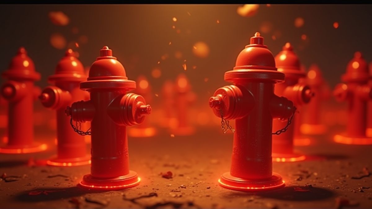 Rote Hydranten, die in einer lustigen Umgebung mit einer goldenen Aura leuchten.