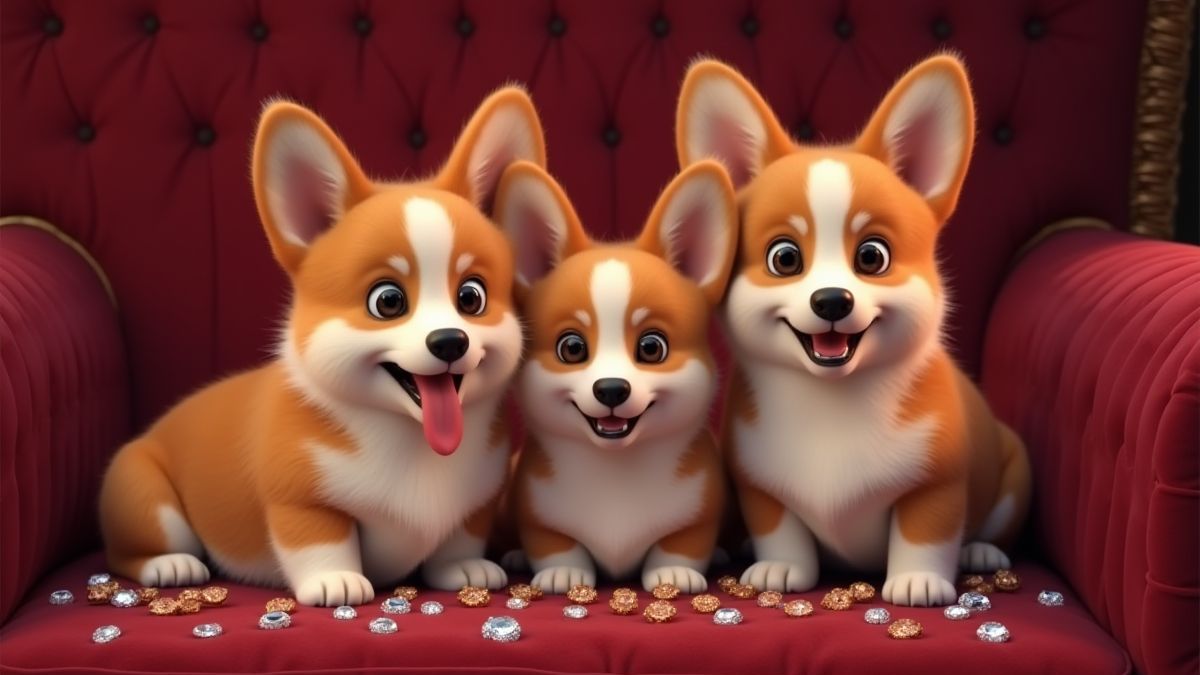 Koninklijke corgis zittend op fluwelen kussens omringd door juwelen.