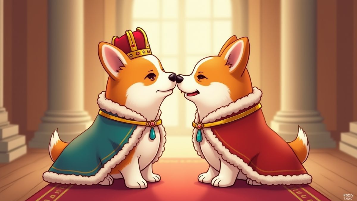 Schattige koninklijke corgi pups die spelen en elkaar kussen in een paleis.