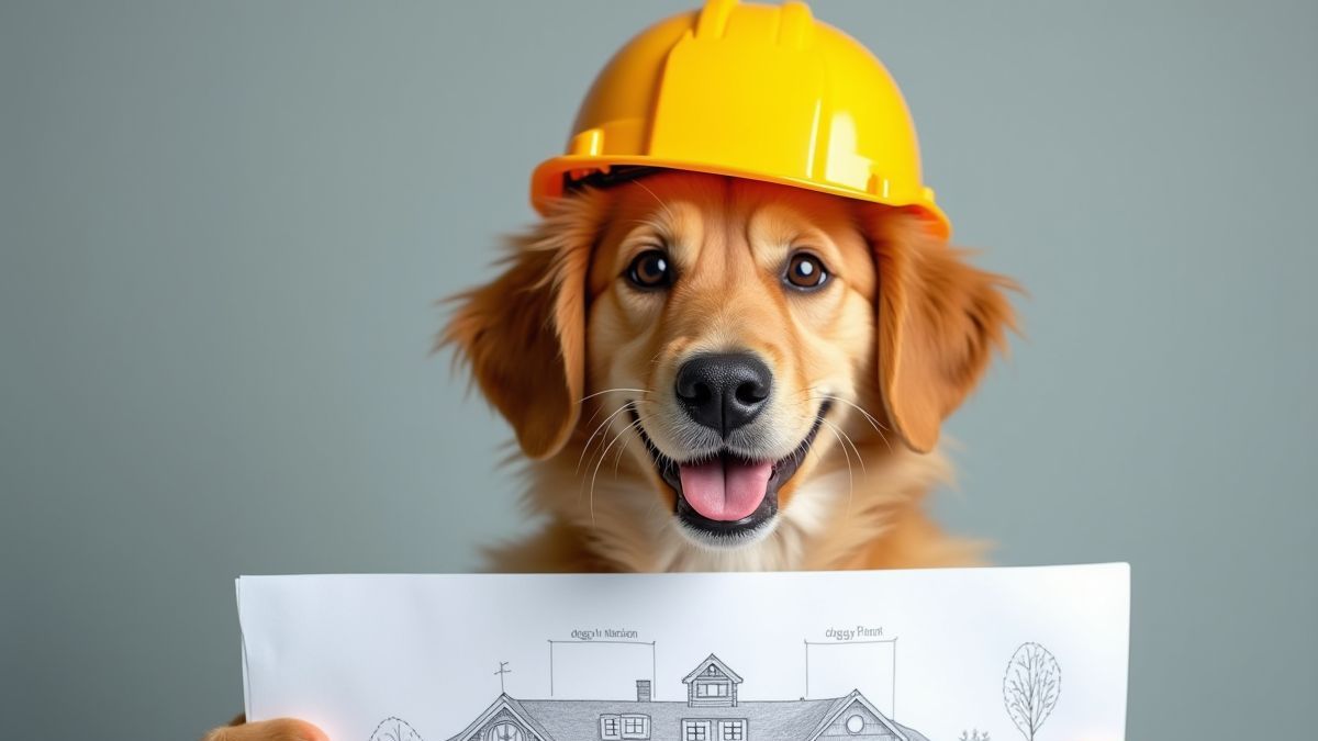 Ein glücklicher Hund mit Bauhelm, der einen Plan für eine Hundemansion hält.