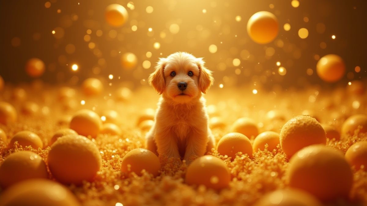 Goldene Hunde-Bälle, die zwischen funkeltenden Effekten schweben.