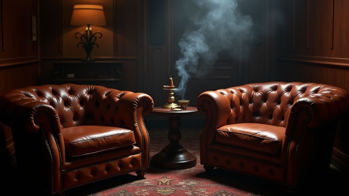 Leren fauteuils en sigaren in een omgeving van een geheim genootschap.