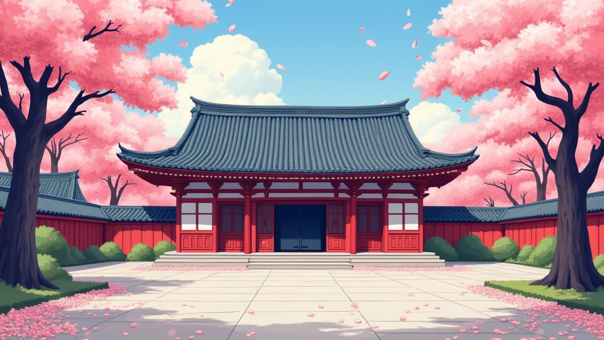 Un dojo japonais entouré de pétales de cerisier.